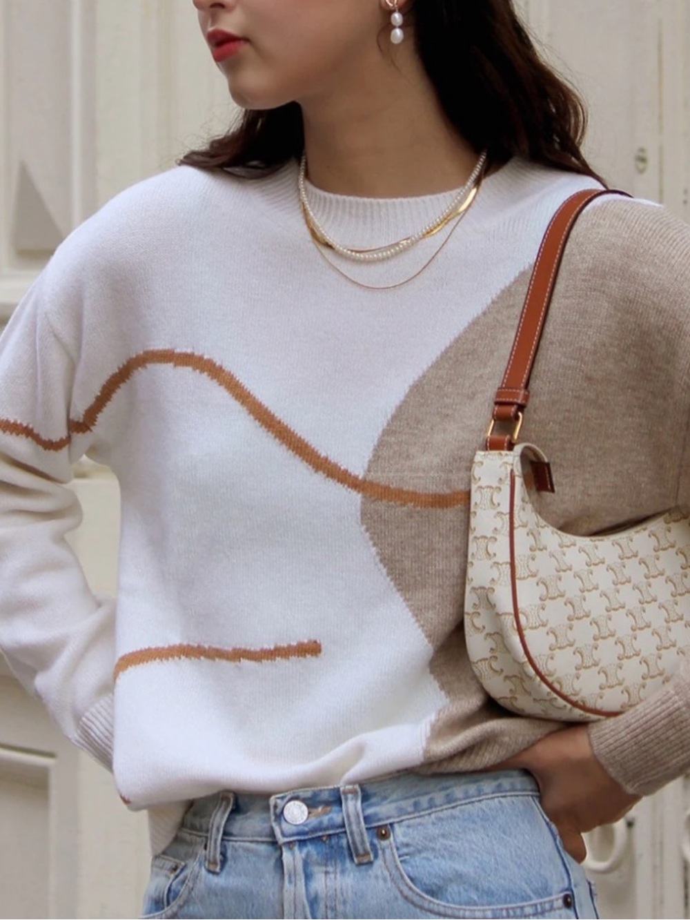 Petite Studio White, Beige and Tan Abstract Colorblock Crewneck Sweater